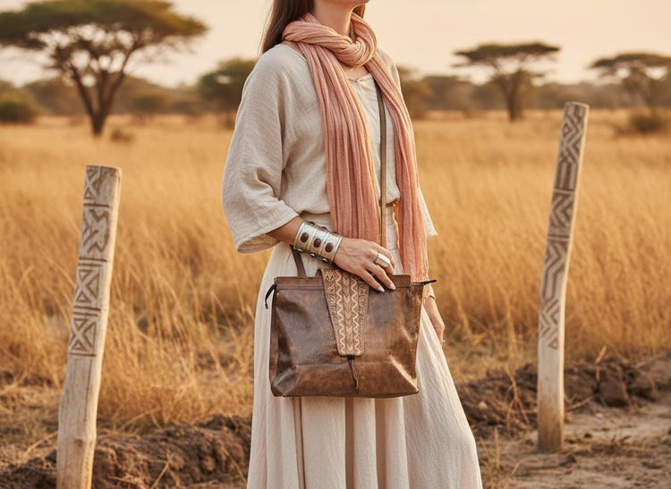 Handmade African Leather Crossbody Bag: Large Tribal Boho Tote