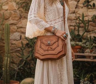 Vintage Tooled Leather Satchel: Embossed Lion, Braided Boho Bag