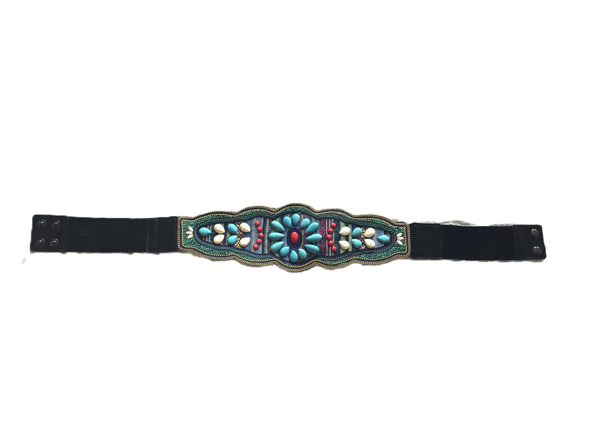 Boho Beaded Waist Belt, Elastic Festival Belt, Turquoise Floral Hippie Belt, Vintage Style Stretch Waist Belt