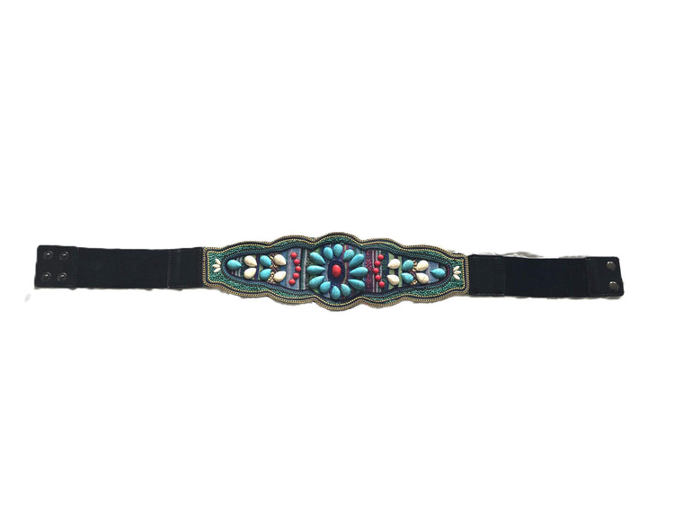 Boho Beaded Waist Belt, Elastic Festival Belt, Turquoise Floral Hippie Belt, Vintage Style Stretch Waist Belt