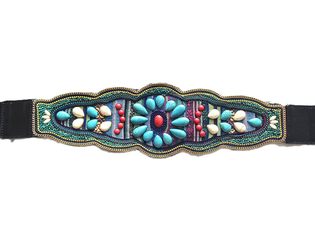 Boho Beaded Waist Belt, Elastic Festival Belt, Turquoise Floral Hippie Belt, Vintage Style Stretch Waist Belt