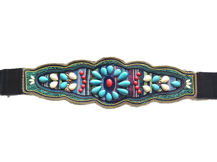 Boho Beaded Waist Belt, Elastic Festival Belt, Turquoise Floral Hippie Belt, Vintage Style Stretch Waist Belt