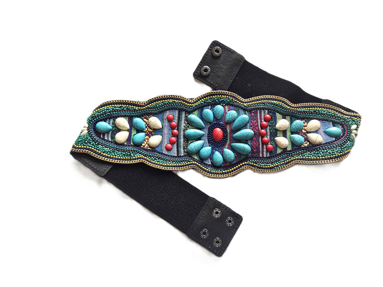 Boho Beaded Waist Belt, Elastic Festival Belt, Turquoise Floral Hippie Belt, Vintage Style Stretch Waist Belt