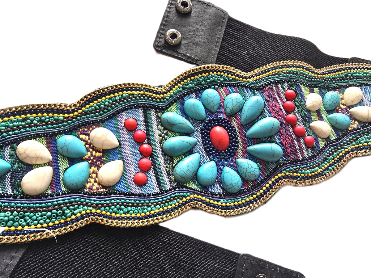 Boho Beaded Waist Belt, Elastic Festival Belt, Turquoise Floral Hippie Belt, Vintage Style Stretch Waist Belt