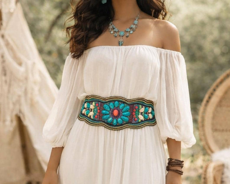 Boho Beaded Waist Belt, Elastic Festival Belt, Turquoise Floral Hippie Belt, Vintage Style Stretch Waist Belt