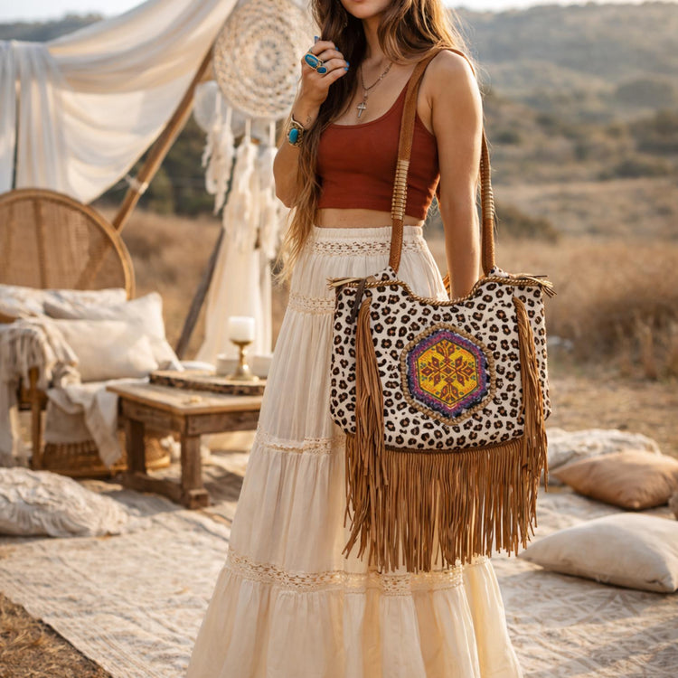 Western Leopard Cowhide Fringe Tote Bag: Beaded Leather Shopper