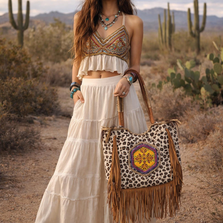Western Leopard Cowhide Fringe Tote Bag: Beaded Leather Shopper