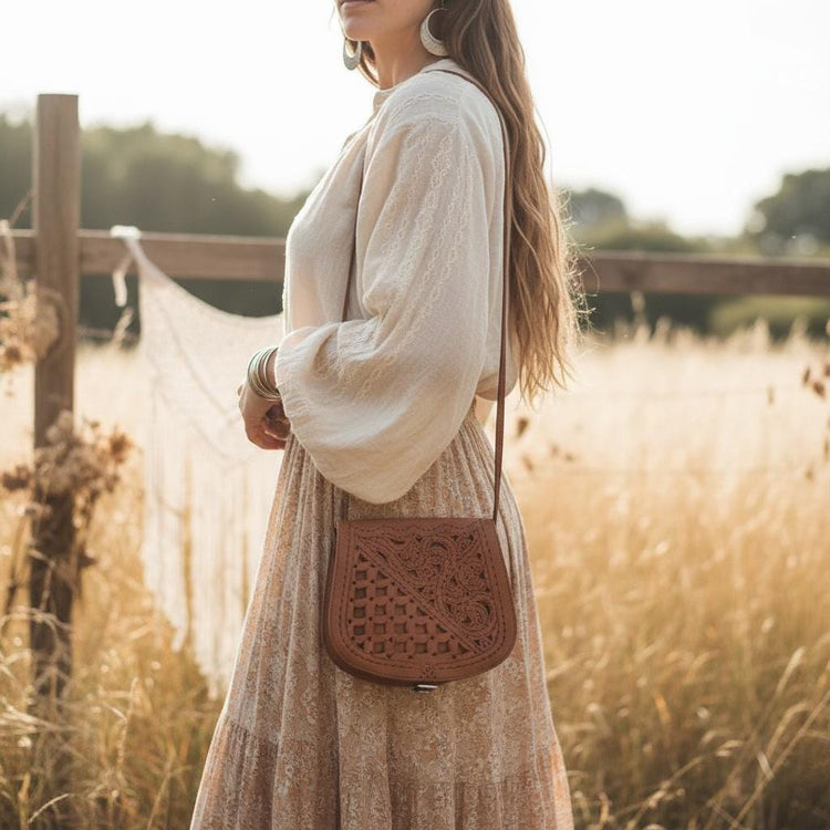 Floral Tooled Leather Crossbody Bag: Handmade Moroccan Boho Purse