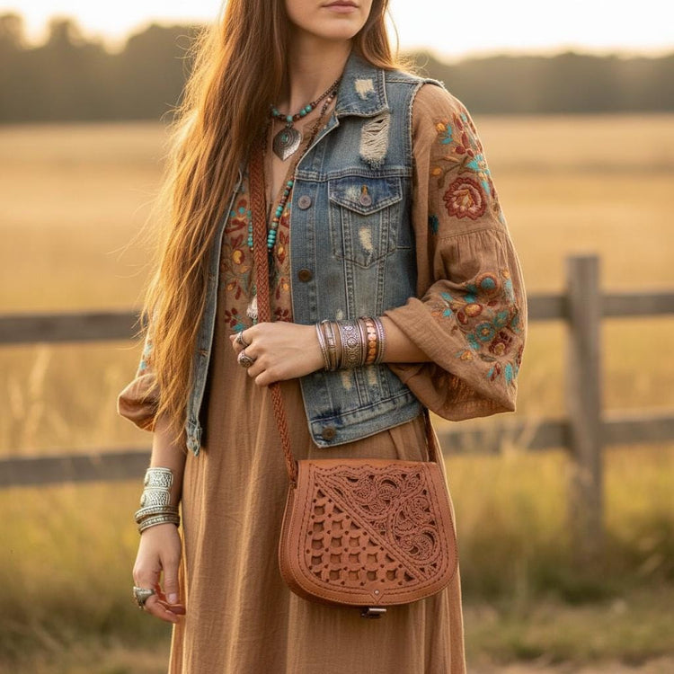 Floral Tooled Leather Crossbody Bag: Handmade Moroccan Boho Purse