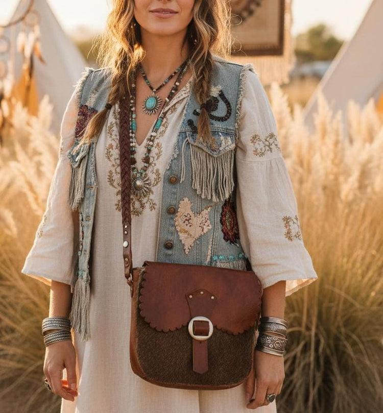 1970s Boho Leather Satchel: Vintage Western Hippie Bag with Goat Fur