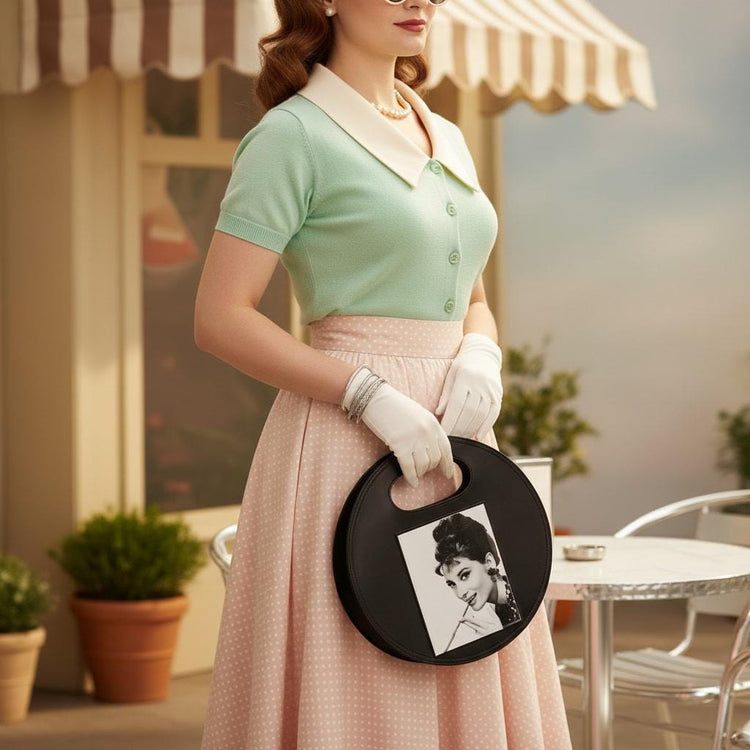 Audrey Hepburn 60s Handbag, Round Vegan Leather Bag, Breakfast at Tiffany’s Purse, Retro Mod Shoulder Bag, Black White Portrait Bag