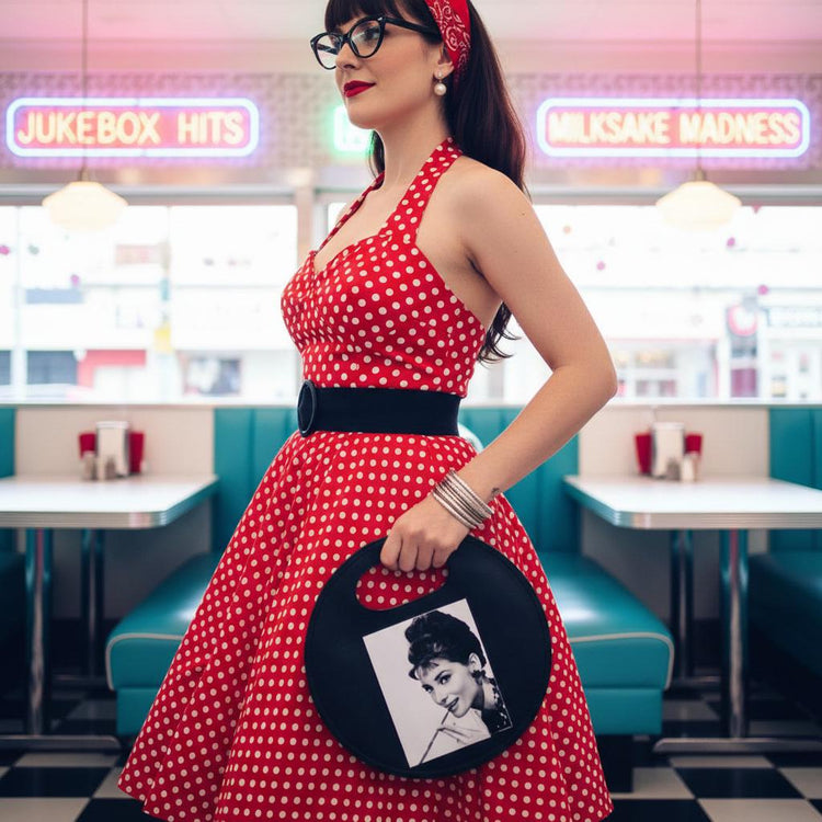 Audrey Hepburn 60s Handbag, Round Vegan Leather Bag, Breakfast at Tiffany’s Purse, Retro Mod Shoulder Bag, Black White Portrait Bag
