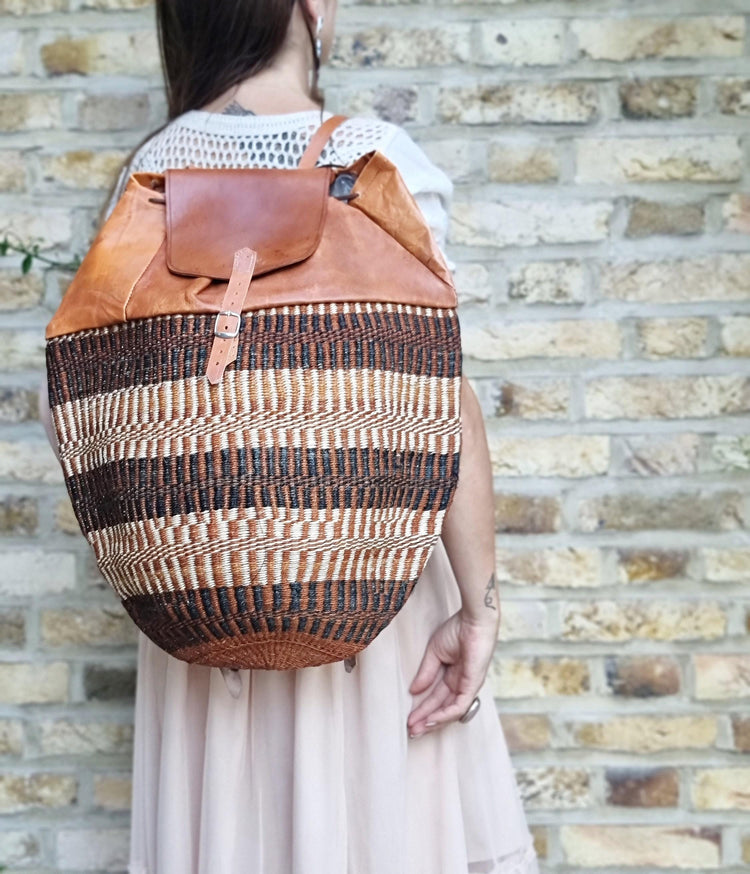 Vintage Sisal Bucket Backpack: Extra Large Leather Travel Bag