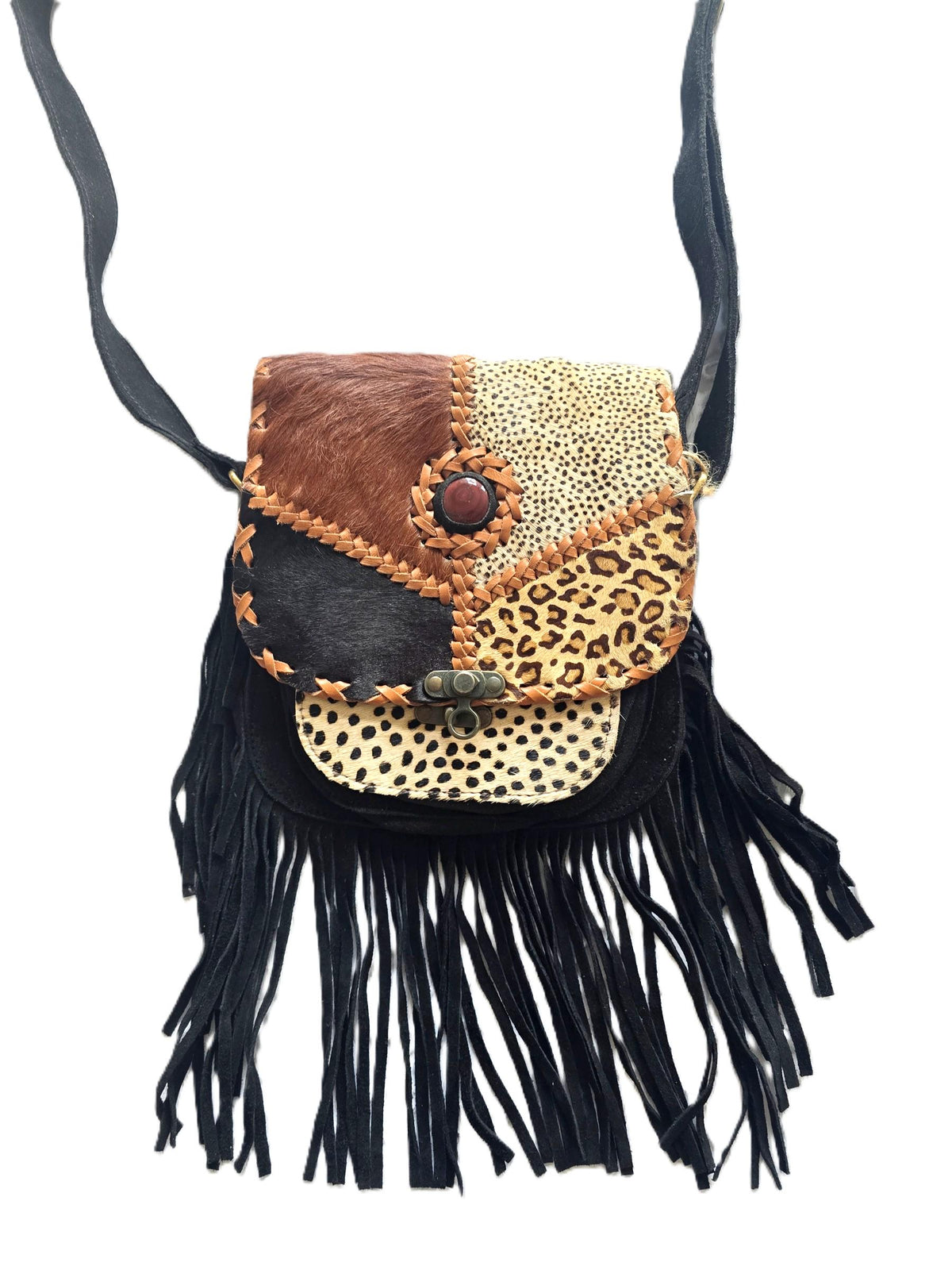 Boho Fringe Leather Crossbody Bag, Leopard Cowhide Western Purse, Hippie Festival Tassel Bag, Navajo Style Handbag
