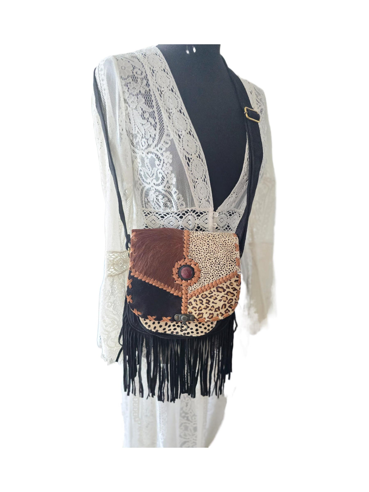 Boho Fringe Leather Crossbody Bag, Leopard Cowhide Western Purse, Hippie Festival Tassel Bag, Navajo Style Handbag