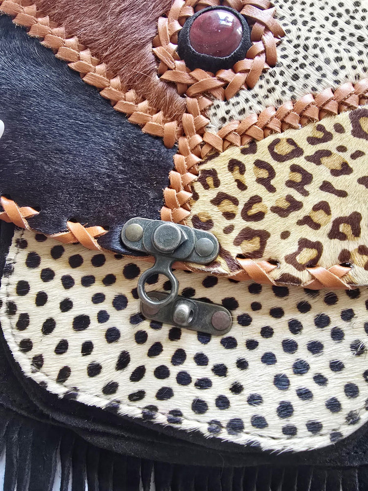 Boho Fringe Leather Crossbody Bag, Leopard Cowhide Western Purse, Hippie Festival Tassel Bag, Navajo Style Handbag