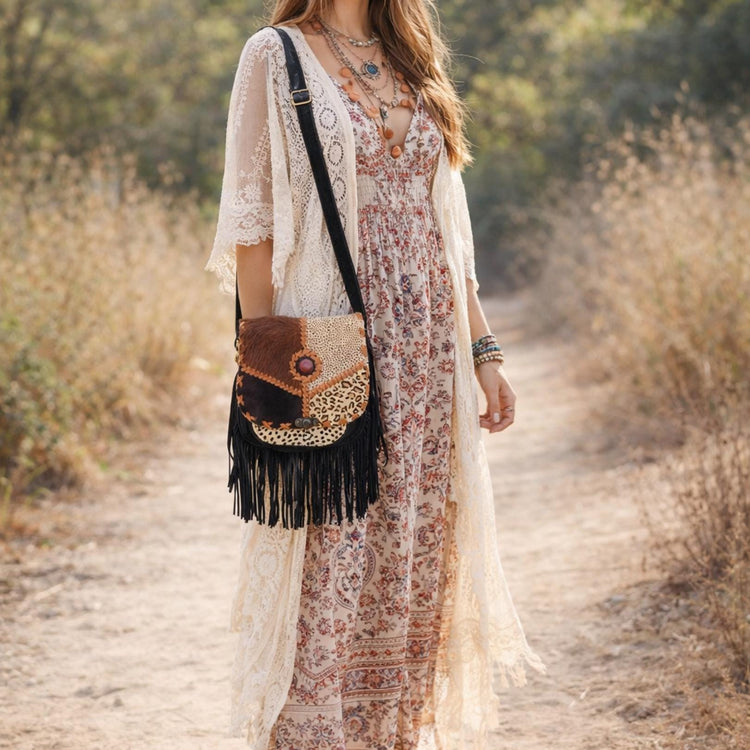 Boho Fringe Leather Crossbody Bag, Leopard Cowhide Western Purse, Hippie Festival Tassel Bag, Navajo Style Handbag