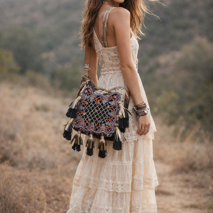 Cowhide Leather Fringe Tote Bag: Hand-Beaded Boho Purse