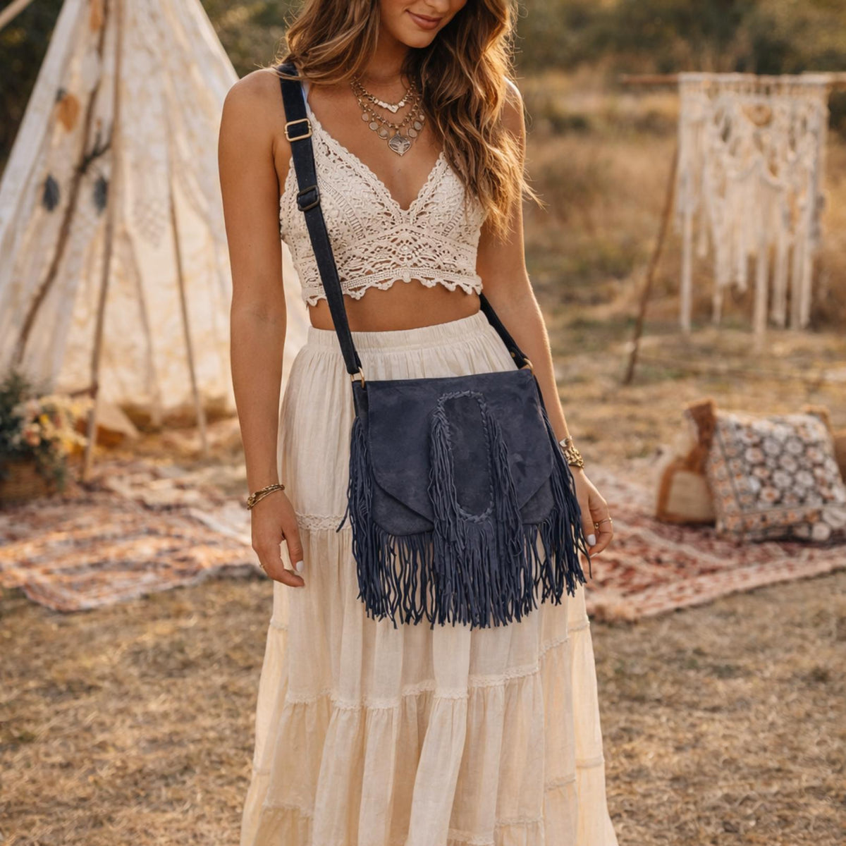 Dusty Pink Suede Fringe Crossbody Bag: Braided Boho Purse