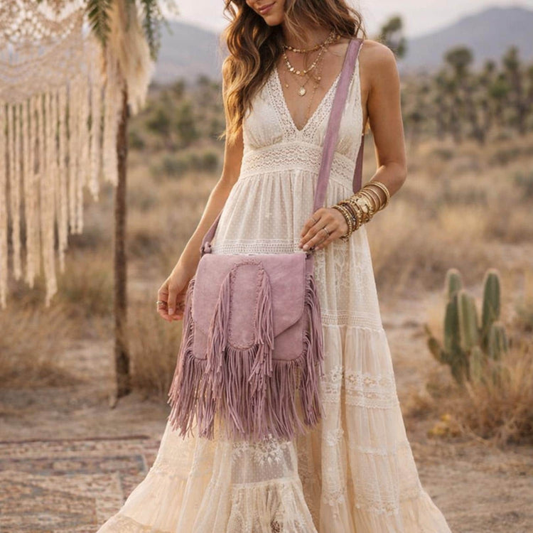 Dusty Pink Suede Fringe Crossbody Bag: Braided Boho Purse