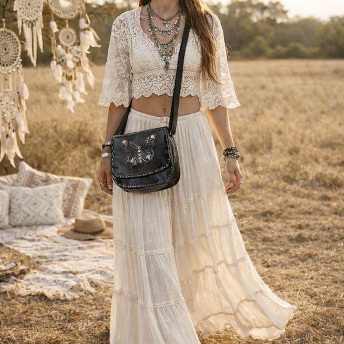 Handmade Leather Butterfly Crossbody Bag: Western Satchel with White Stones