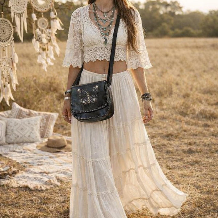 Handmade Leather Butterfly Crossbody Bag: Western Satchel with White Stones