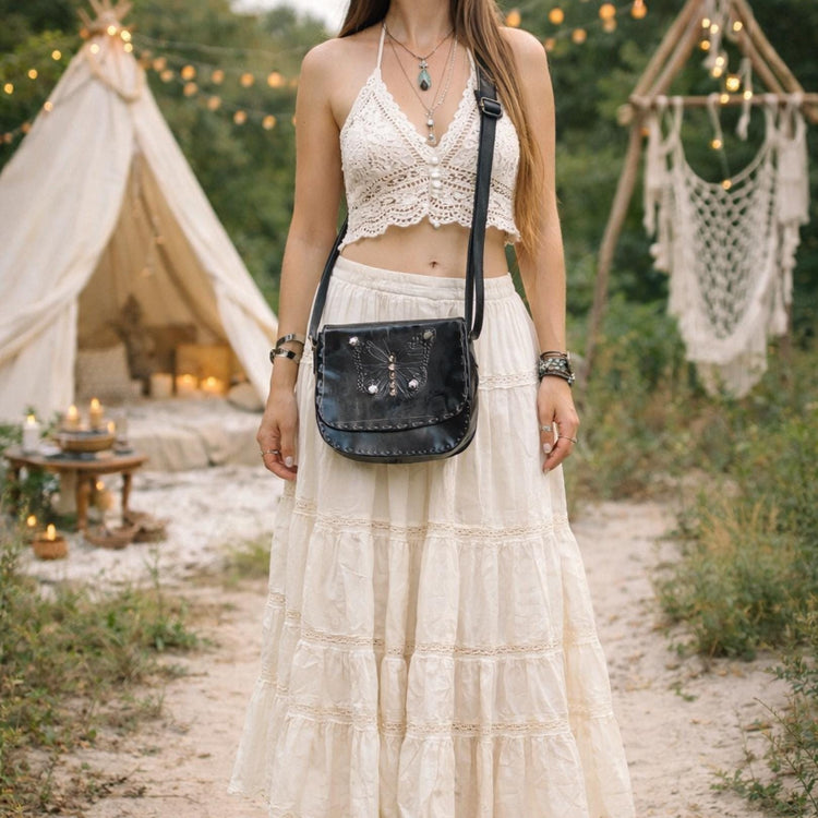 Handmade Leather Butterfly Crossbody Bag: Western Satchel with White Stones