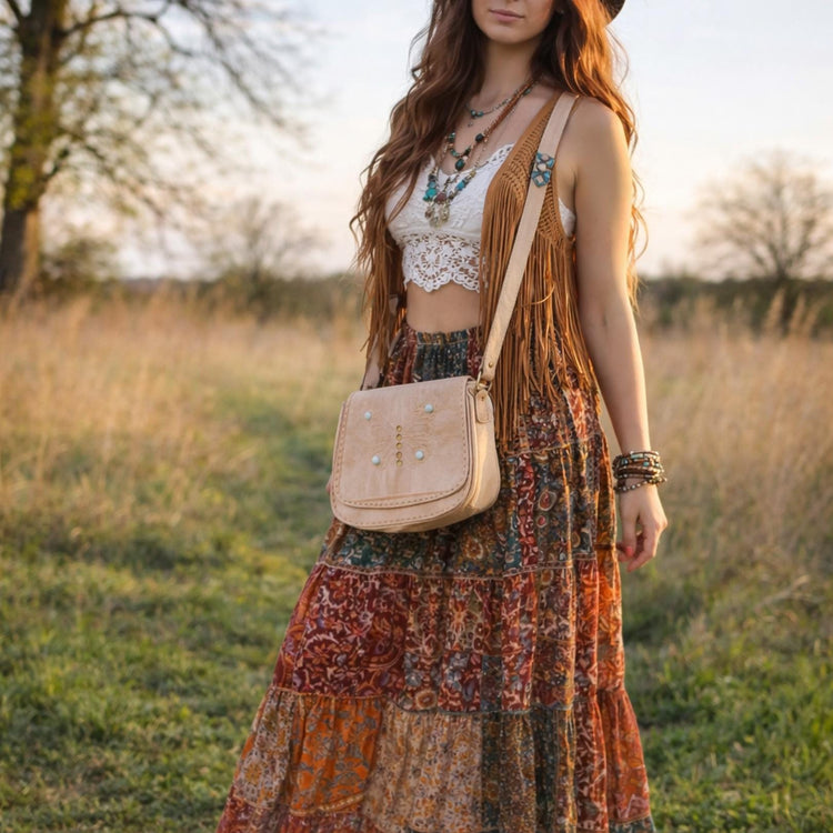 Handmade Leather Butterfly Crossbody Bag: Western Satchel with White Stones