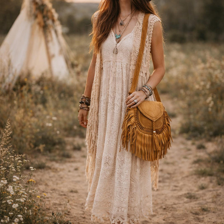 Boho Suede Leather Fringe Crossbody Bag, Western Cowgirl Purse, Hippie Festival Handbag, Bohemian Shoulder Bag Vintage Style