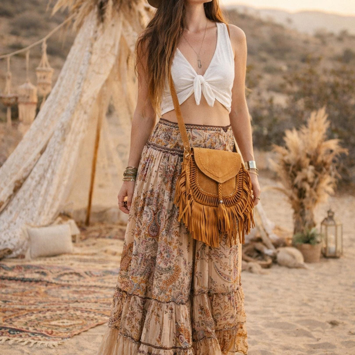 Boho Suede Leather Fringe Crossbody Bag, Western Cowgirl Purse, Hippie Festival Handbag, Bohemian Shoulder Bag Vintage Style