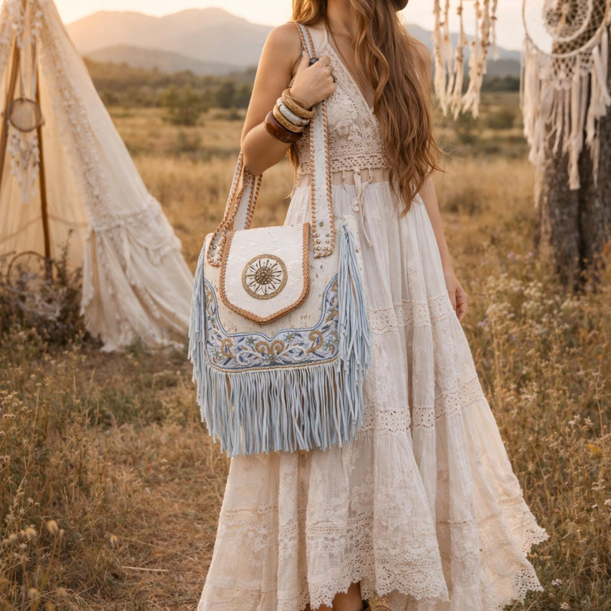 Beaded Cowhide Fringe Tote: Boho Leather Shoulder Bag