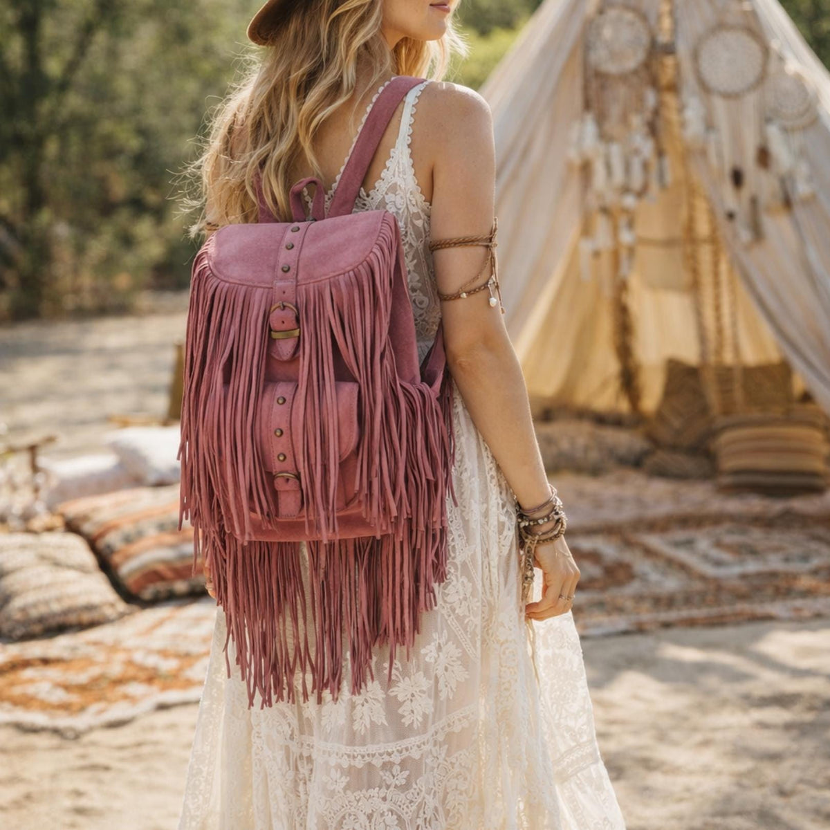 Burgundy Suede Leather Tassel Backpack: Boho Festival Rucksack
