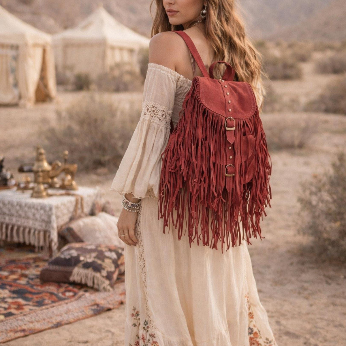 Burgundy Suede Leather Tassel Backpack: Boho Festival Rucksack
