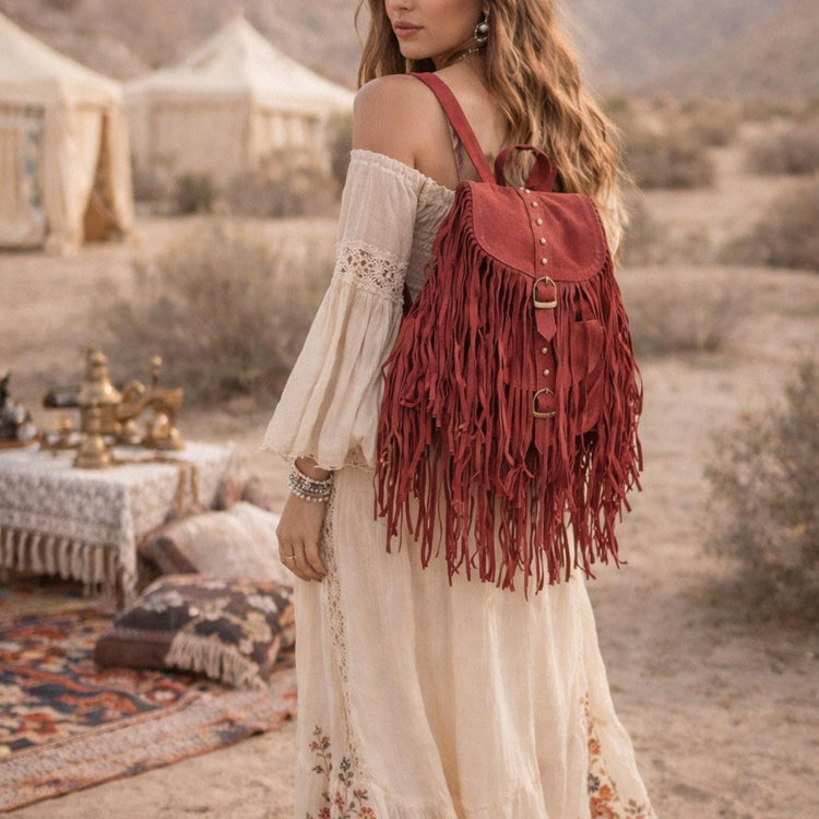 Burgundy Suede Leather Tassel Backpack: Boho Festival Rucksack