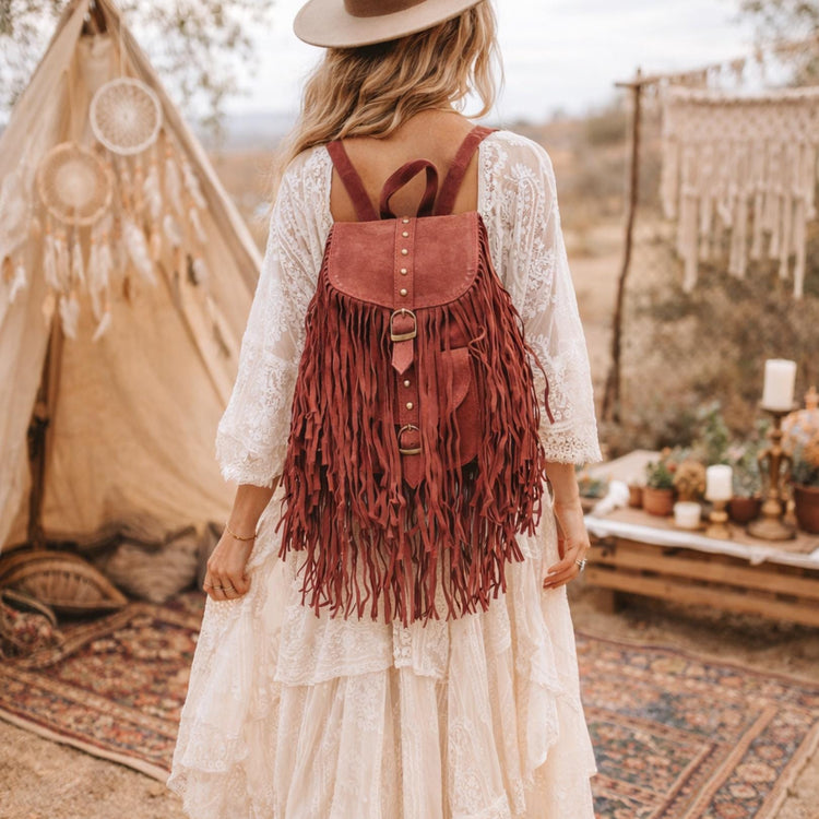 Burgundy Suede Leather Tassel Backpack: Boho Festival Rucksack
