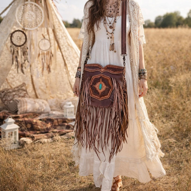 Tooled Leather Fringe Crossbody Bag: Boho Western Purse with Turquoise