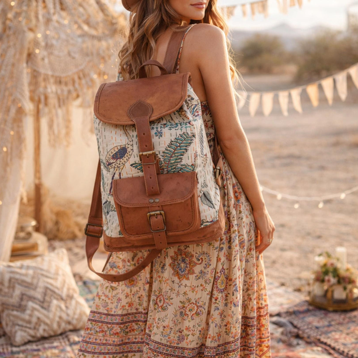 Botanical Jungle Leather Backpack: Leopard Parrot Print Boho Rucksack