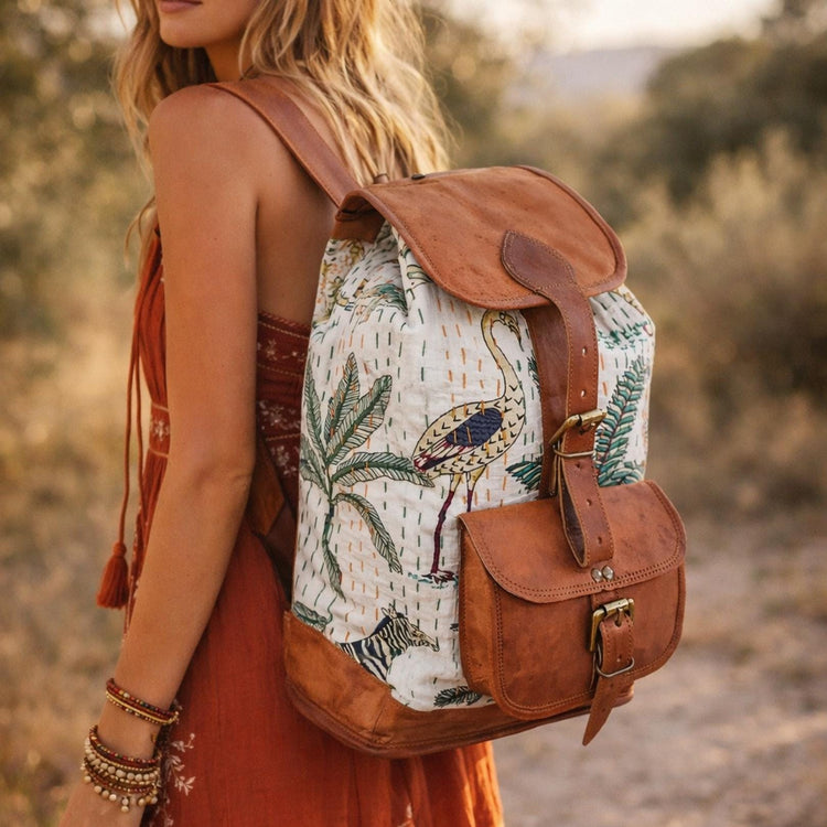 Botanical Jungle Leather Backpack: Leopard Parrot Print Boho Rucksack