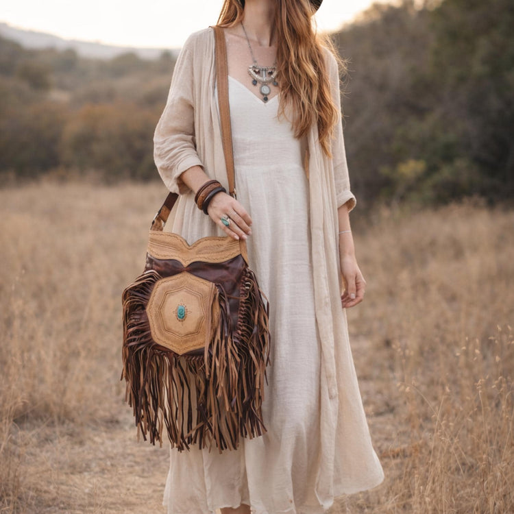 Fringe Leather Crossbody Bag, Western Cowgirl Purse, Tooled Leather Handbag, Southwestern Boho Bag, Turquoise Stone Bag, Festival Purse