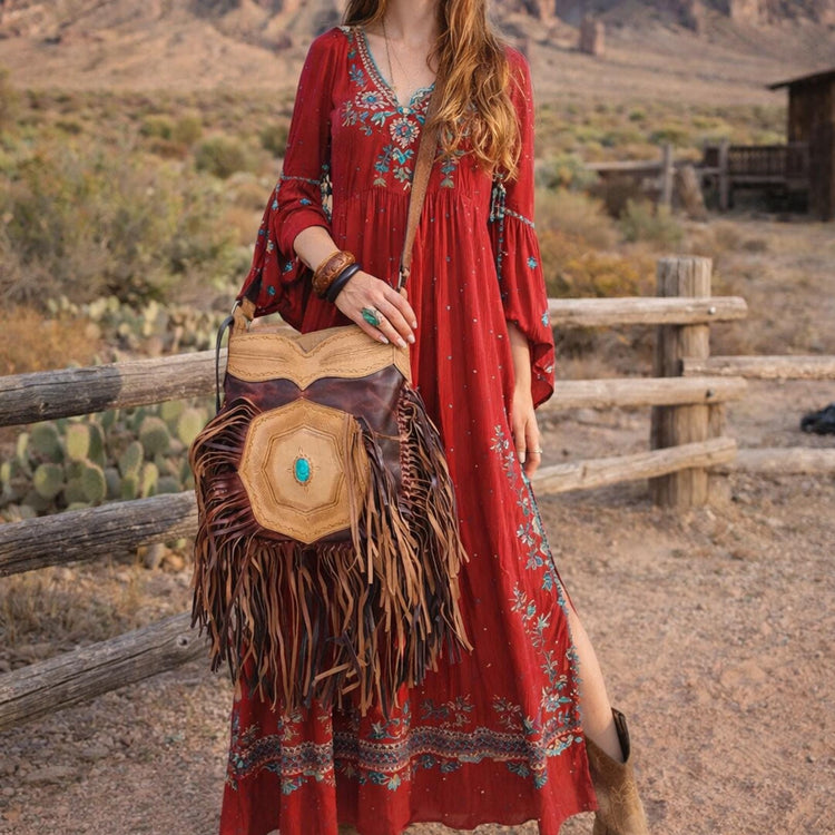 Fringe Leather Crossbody Bag, Western Cowgirl Purse, Tooled Leather Handbag, Southwestern Boho Bag, Turquoise Stone Bag, Festival Purse