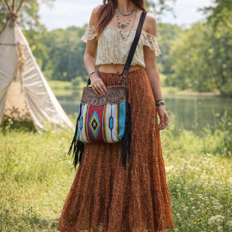 Aztec carpet crossbody bag, western tooled leather purse, woven native american blanket