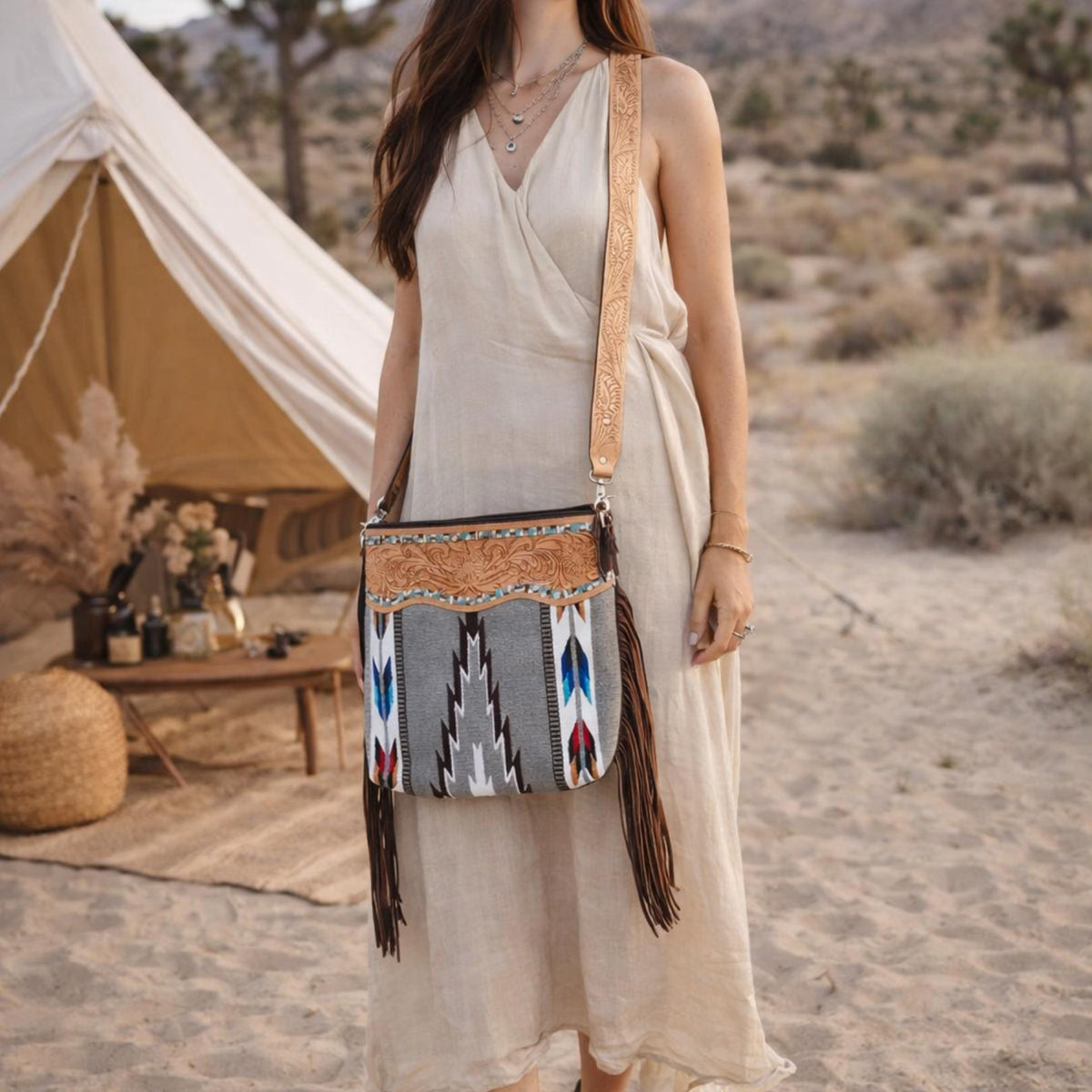 Tooled Leather Fringe Bag: Western Aztec Blanket Purse