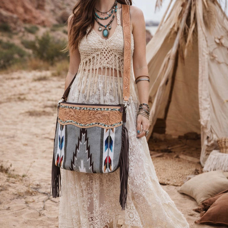 Tooled Leather Fringe Bag: Western Aztec Blanket Purse