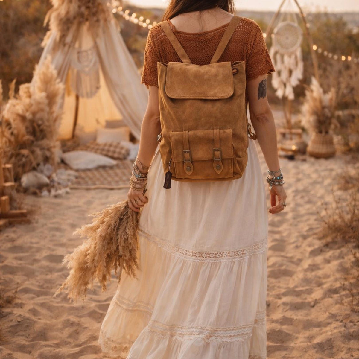 Mustard Yellow Suede Leather Backpack: Boho Festival Rucksack