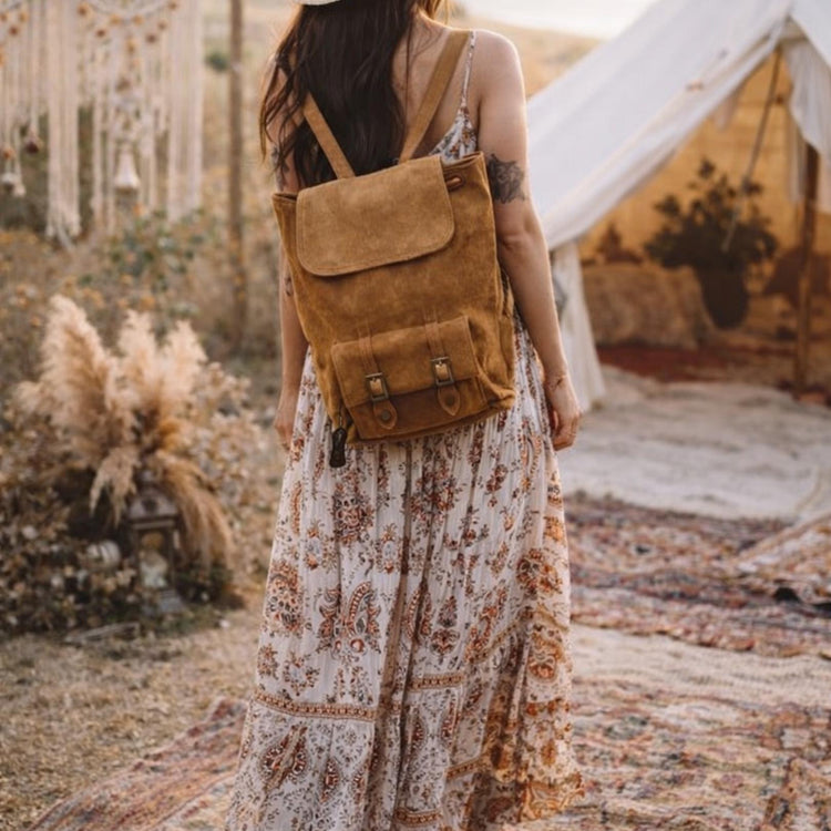 Mustard Yellow Suede Leather Backpack: Boho Festival Rucksack