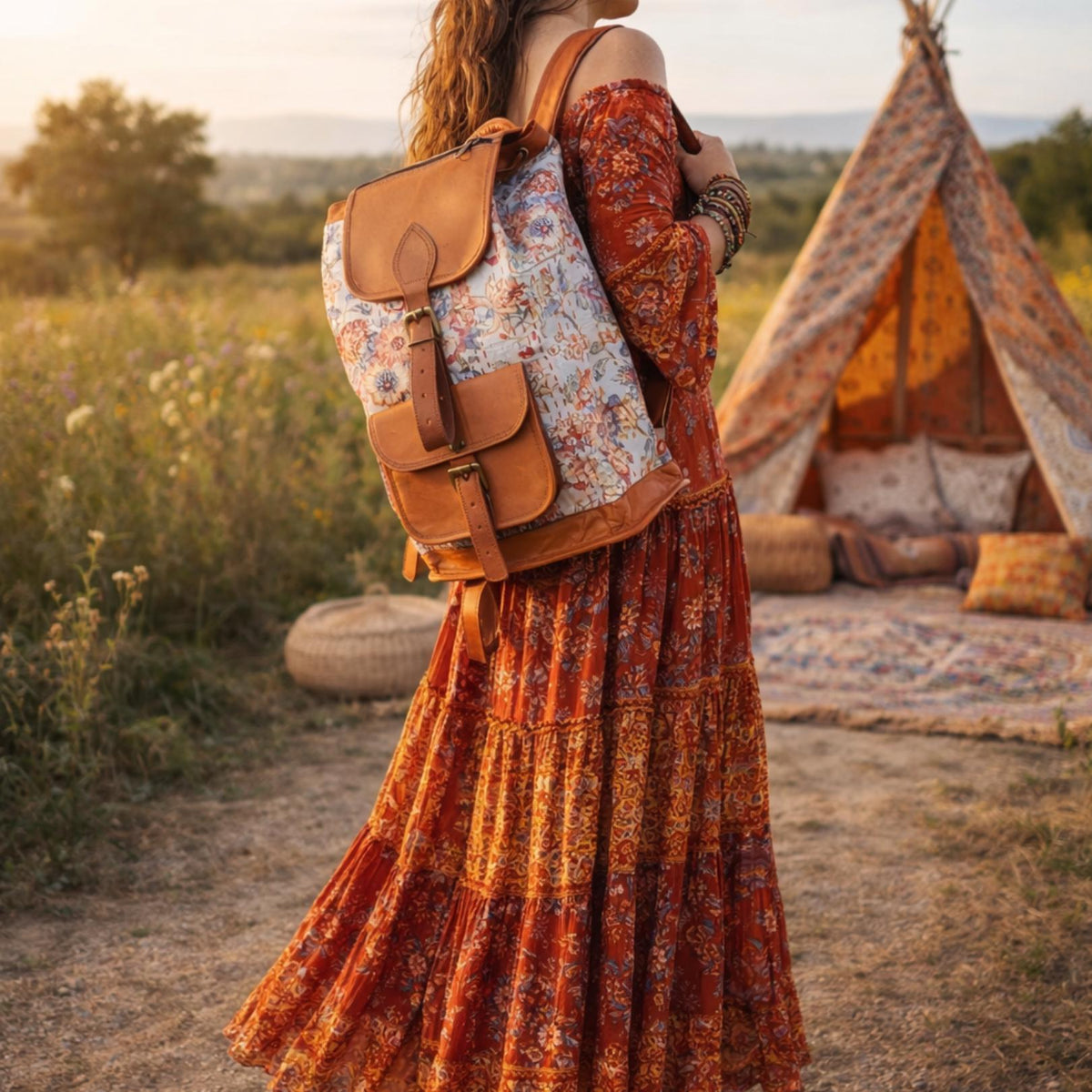 Floral Leather Backpack: Large Canvas Rucksack, Vintage Boho Bag