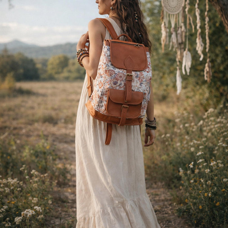 Floral Leather Backpack: Large Canvas Rucksack, Vintage Boho Bag