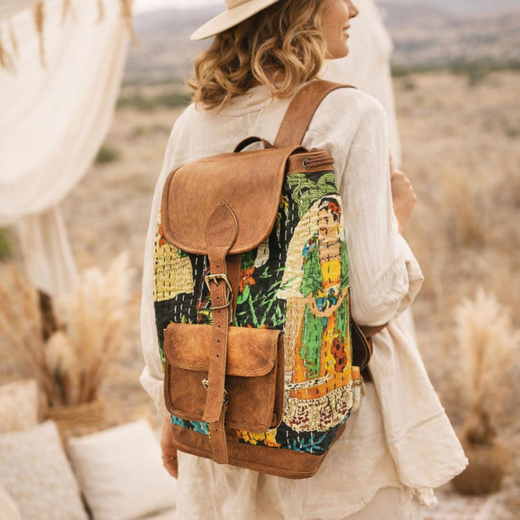 Large Unique Frida Kahlo Backpack: Genuine Leather Canvas Rucksack for Women, Handmade Boho Purse, Hippie Travel Bag