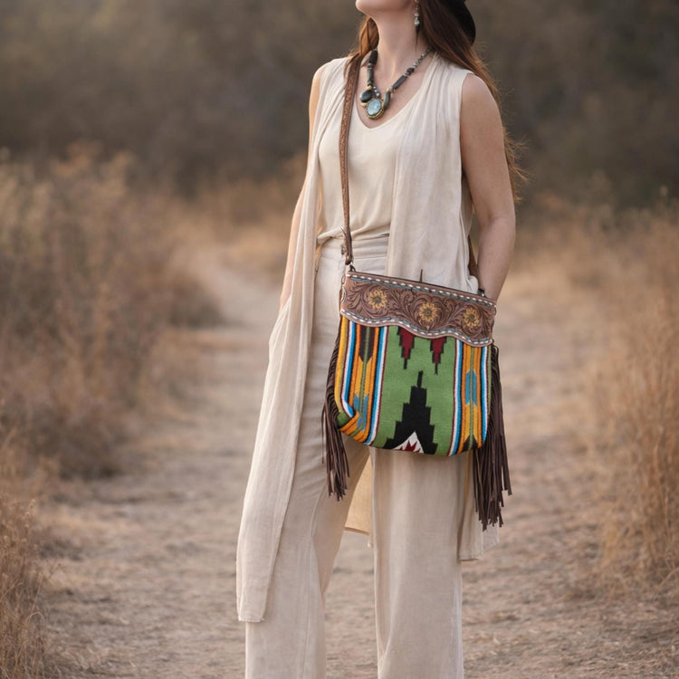 Tooled Sunflower Leather Fringe Purse: Western Aztec Blanket Bag