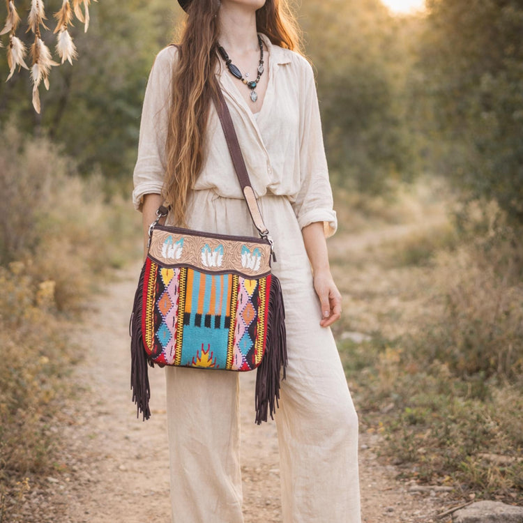 Feather Tooled Leather Crossbody Bag: Aztec Blanket, Western Cowgirl Purse